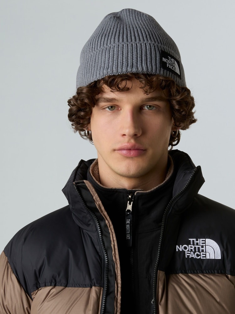 The North Face Grey Logo Box Cuffed Beanie - Image 1 of 1 The North Face Grey Logo Box Cuffed Beanie - Image 1 of 1