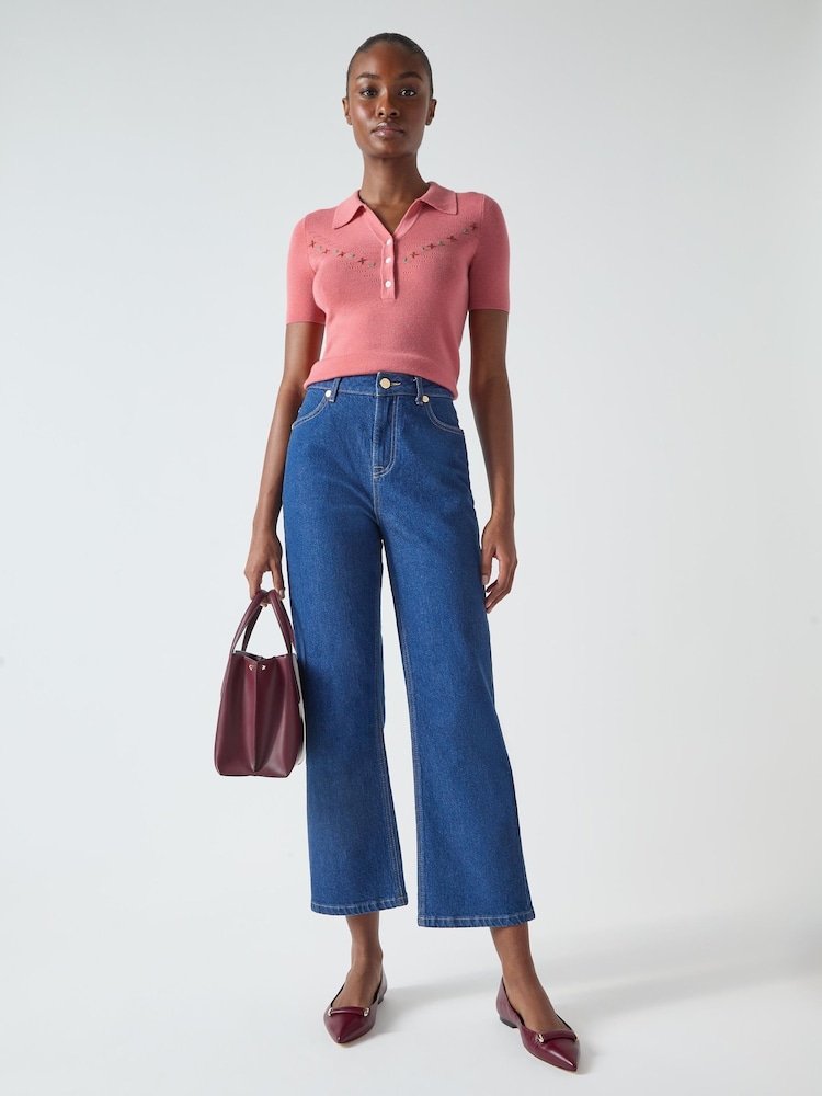 LK Bennett Blue Willow Pale100% Cotton Chambray Soft Wide Crop Jeans - Image 2 of 3
