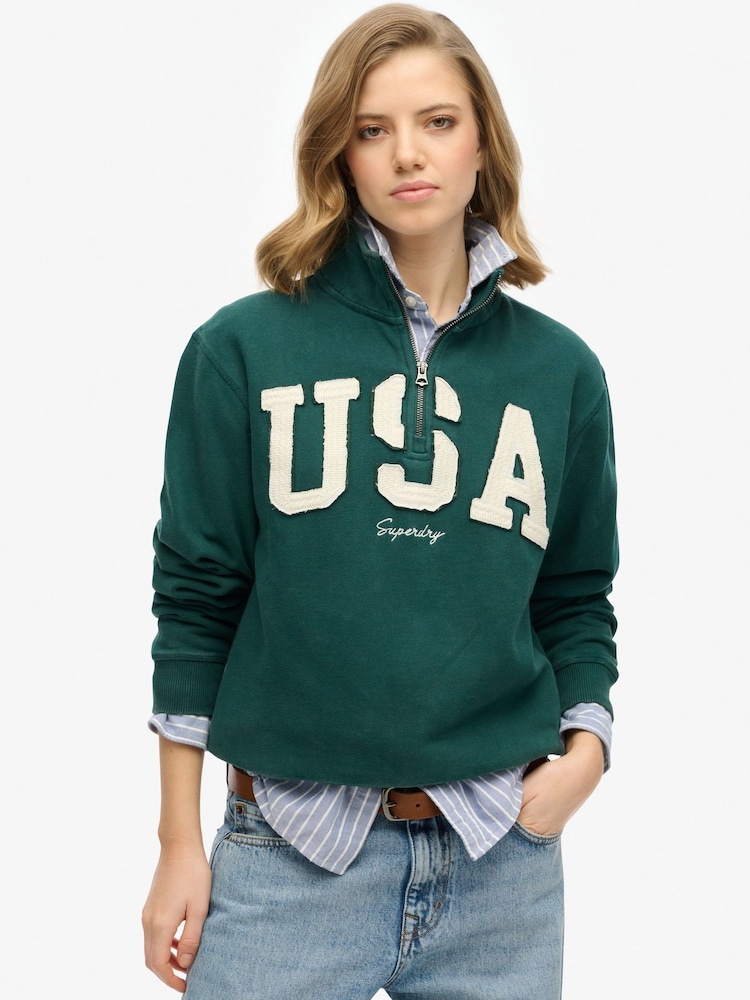 Superdry Green Athletic Essentials Applique Half Zip 100% Cotton Sweatshirt - Image 1 of 5