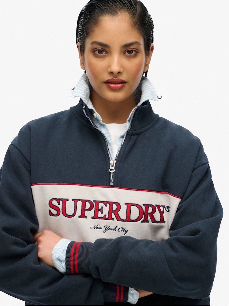 Superdry Blue Country Club Loose Fit Half Zip Sweat Top - Image 1 of 4