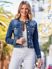Sosandar Blue Round Neck Pocket Front Denim Jacket - Image 1 of 5