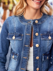 Sosandar Blue Round Neck Pocket Front Denim Jacket - Image 4 of 5