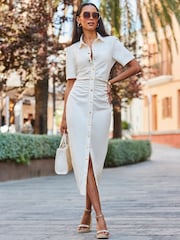 Sosandar Natural Ruched Waist Popper Front Denim Dress - Image 1 of 4