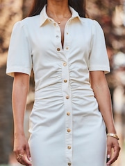 Sosandar Natural Ruched Waist Popper Front Denim Dress - Image 4 of 4