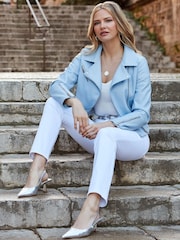 Sosandar Blue Faux Leather Biker Jacket - Image 1 of 5