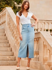 Sosandar Blue Contour Waist Denim Midi Skirt - Image 2 of 5