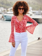 Sosandar Red Spot Print Mesh Ruffle Detail Wrap Blouse - Image 1 of 5
