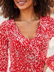Sosandar Red Spot Print Mesh Ruffle Detail Wrap Blouse - Image 3 of 5