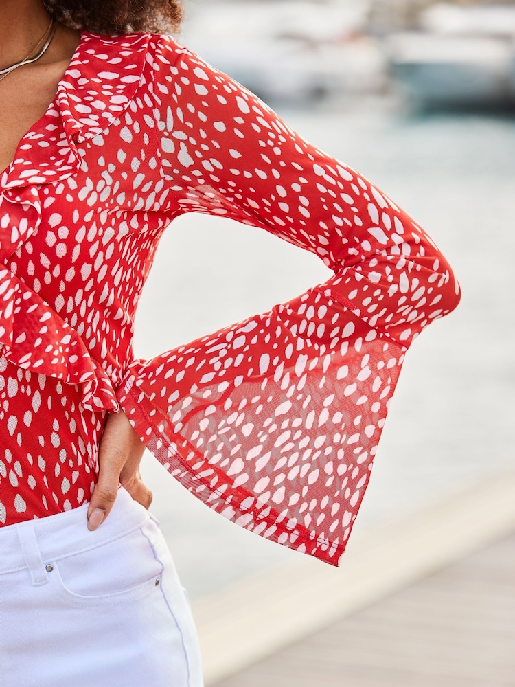Sosandar Red Spot Print Mesh Ruffle Detail Wrap Blouse - Image 4 of 5