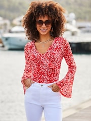 Sosandar Red Spot Print Mesh Ruffle Detail Wrap Blouse - Image 5 of 5