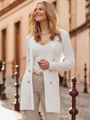 Sosandar White Longline Cardigan With Gold Buttons - Image 1 of 4