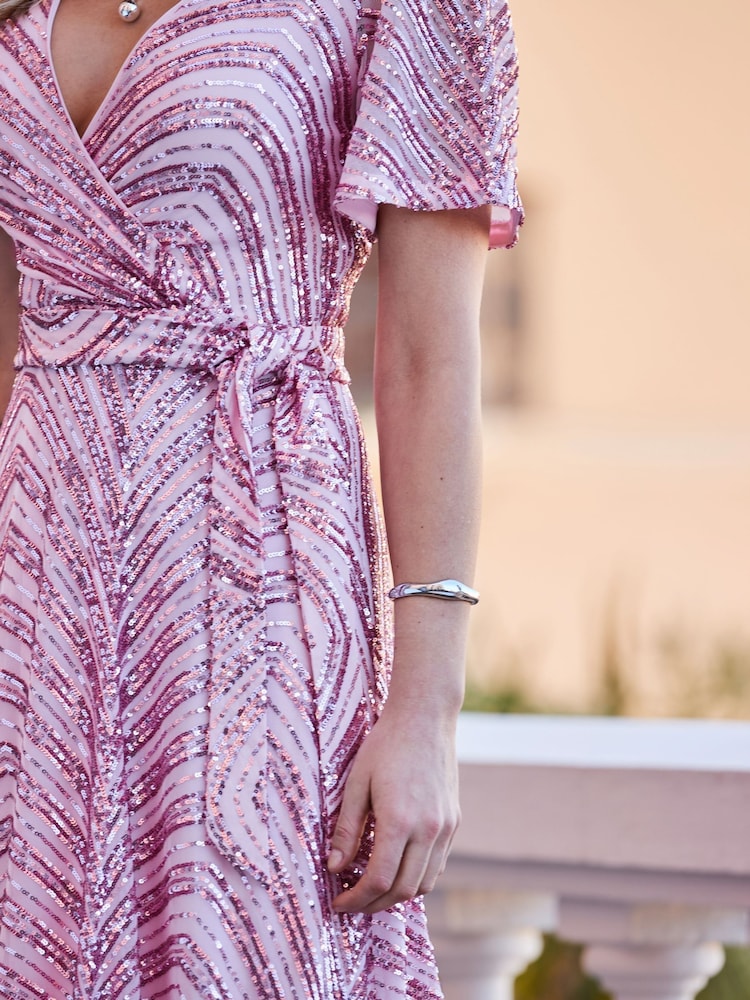 Sosandar Pink Premium Statement Sequin Wrap Dress - Image 3 of 5