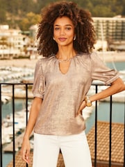 Sosandar Gold Metallic Puff Sleeve Top - Image 1 of 5