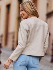 Sosandar White Zip Front Round Neck Leather Jacket - Image 3 of 4