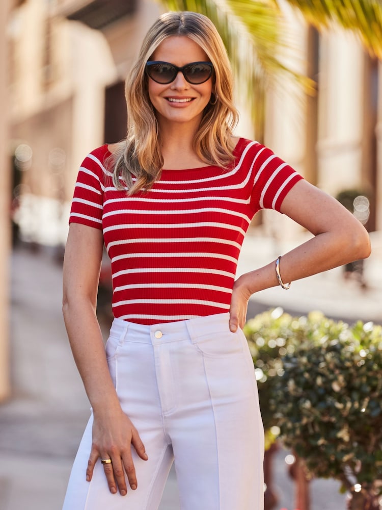 Sosandar Red Striped Boat Neck Top - Image 2 of 5