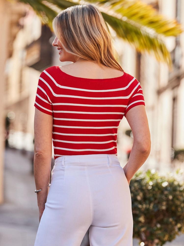 Sosandar Red Striped Boat Neck Top - Image 3 of 5