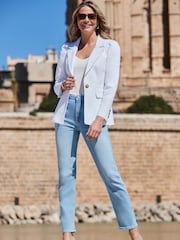 Sosandar White Denim Ruched Shoulder Jacket - Image 2 of 5