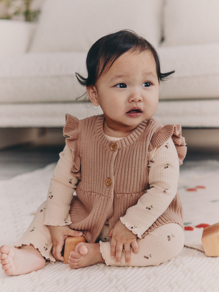 Neutral Cherry Baby Knitted Gilet, Long Sleeve Top and Leggings 3 Piece Set (0mths-3yrs) - Image 1 of 18