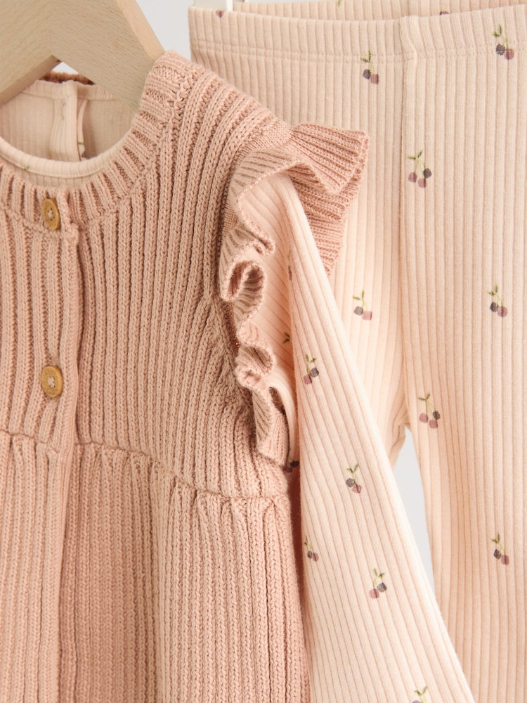 Neutral Cherry Baby Knitted Gilet, Long Sleeve Top and Leggings 3 Piece Set (0mths-3yrs) - Image 18 of 18