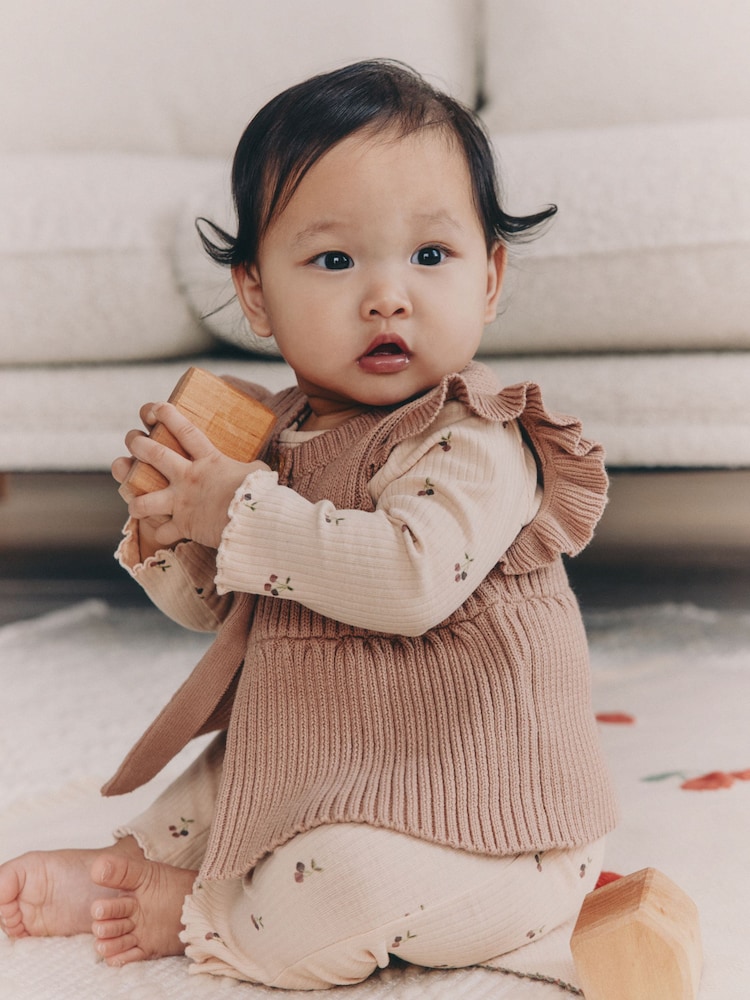 Neutral Cherry Baby Knitted Gilet, Long Sleeve Top and Leggings 3 Piece Set (0mths-3yrs) - Image 2 of 18