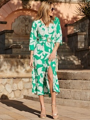 Sosandar Green/White Floral Print Belted Midaxi Dress - Image 2 of 5