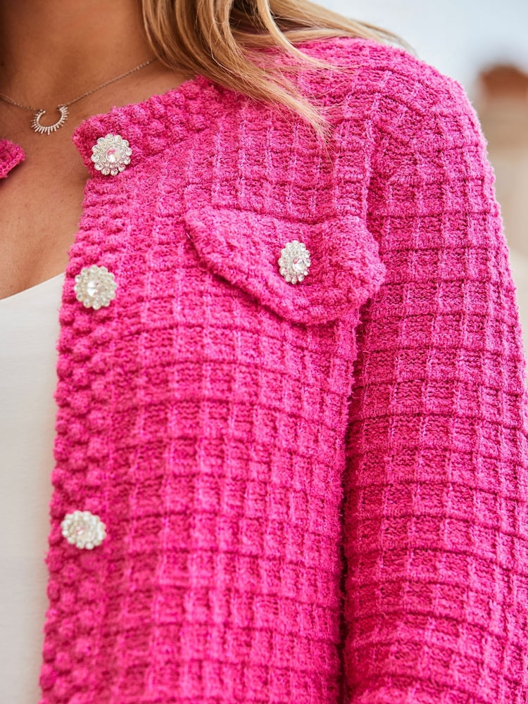 Sosandar Pink Premium Knit Embellished Button Cardigan - Image 3 of 5