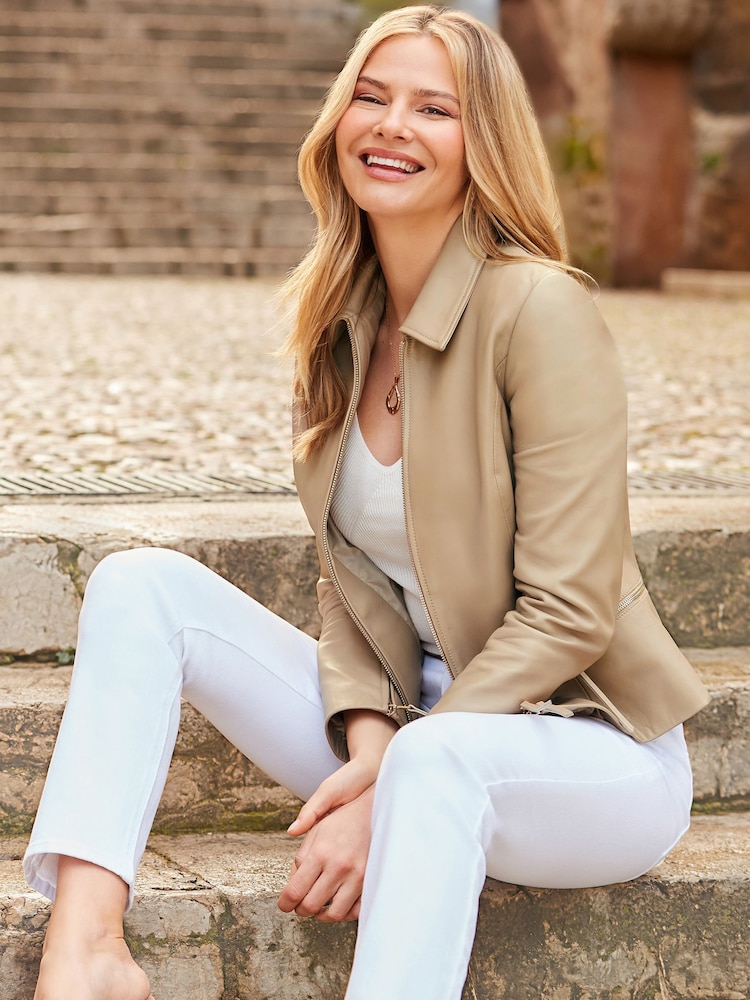 Sosandar Natural Zip Detail Collared Leather Jacket - Image 1 of 5