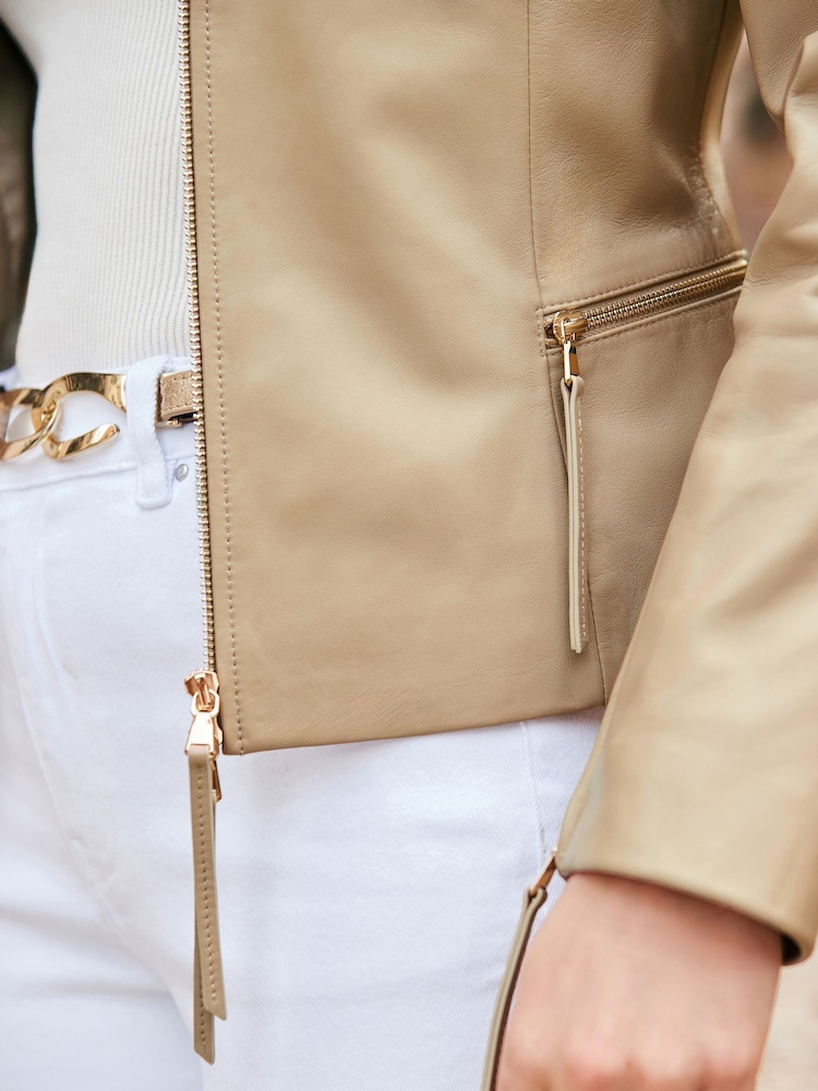 Sosandar Natural Zip Detail Collared Leather Jacket - Image 5 of 5