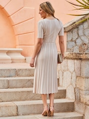 Sosandar Natural Metallic Stripe Wrap Front Midi Dress - Image 3 of 5