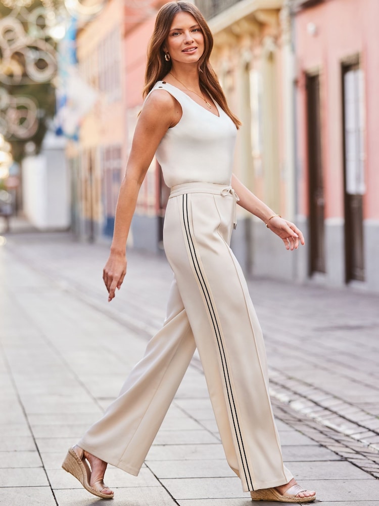 Sosandar White Petite Side Stripe Wide Leg Trousers - Image 5 of 5