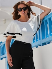 Sosandar White Petite Contrast Trim Angel Sleeve Top - Image 3 of 5
