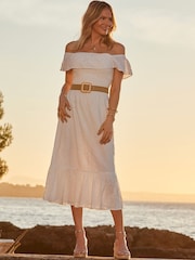 Sosandar White Broderie Detail Belted Bardot 100% Cotton Dress - Image 1 of 5