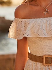 Sosandar White Broderie Detail Belted Bardot 100% Cotton Dress - Image 3 of 5