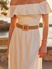 Sosandar White Broderie Detail Belted Bardot 100% Cotton Dress - Image 4 of 5