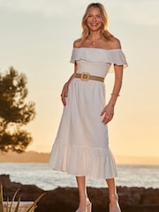 Sosandar White Broderie Detail Belted Bardot 100% Cotton Dress - Image 5 of 5