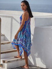 Sosandar Blue Scarf Print Hanky Hem Beach Dress - Image 2 of 6