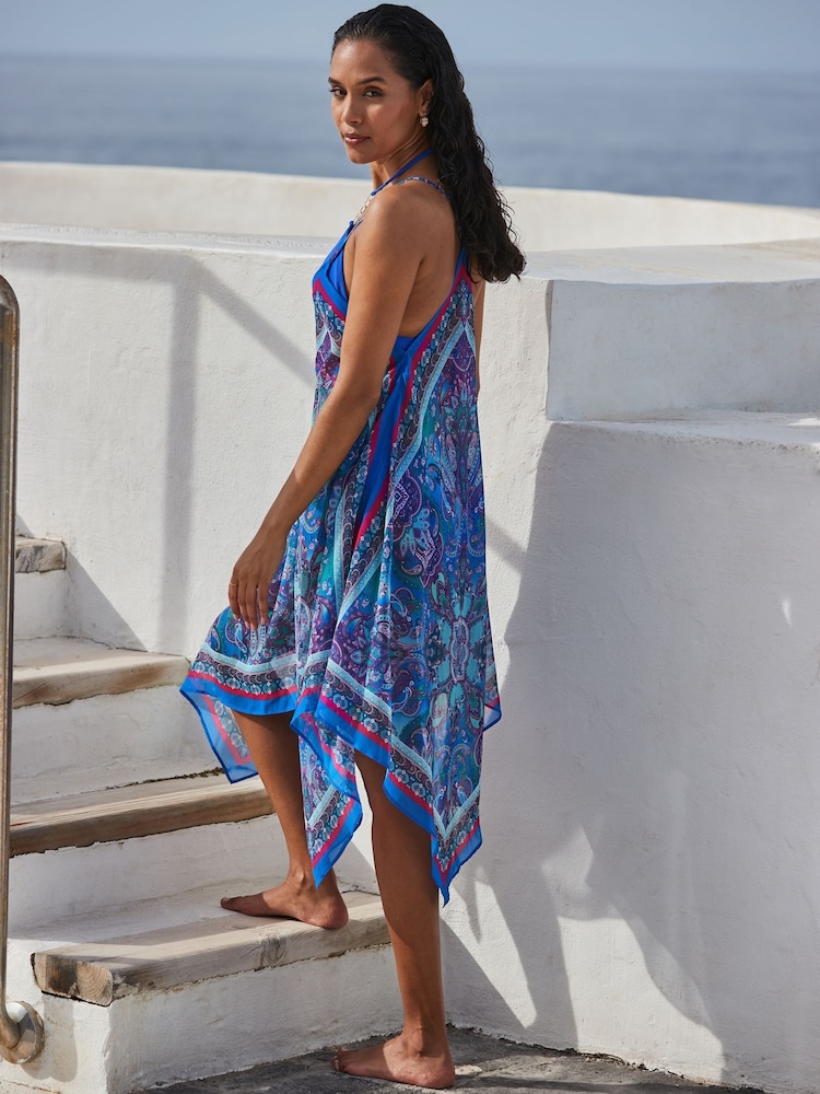 Sosandar Blue Scarf Print Hanky Hem Beach Dress - Image 2 of 6