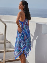 Sosandar Blue Scarf Print Hanky Hem Beach Dress - Image 5 of 6