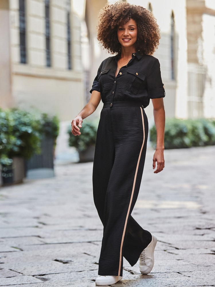 Sosandar Black Petite Side Stripe Button Front Jumpsuit - Image 3 of 4