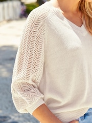 Sosandar White Pointelle Sleeve V-Neck Jumper - Image 4 of 5