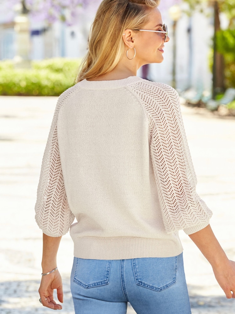 Sosandar White Pointelle Sleeve V-Neck Jumper - Image 5 of 5 Sosandar White Pointelle Sleeve V-Neck Jumper - Image 5 of 5