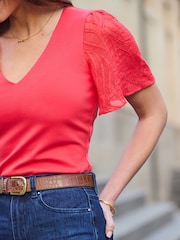 Sosandar Orange Dobby Angel Sleeve Top - Image 4 of 4