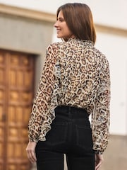 Sosandar Brown Petite Leopard Print Lace Up Blouse - Image 3 of 5