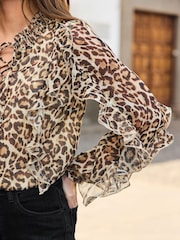Sosandar Brown Petite Leopard Print Lace Up Blouse - Image 4 of 5