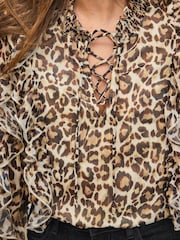 Sosandar Brown Petite Leopard Print Lace Up Blouse - Image 5 of 5