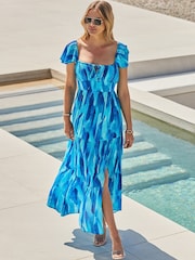 Sosandar Blue Petite Petite Print Flutter Sleeve Maxi Dress - Image 1 of 5
