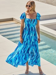 Sosandar Blue Petite Petite Print Flutter Sleeve Maxi Dress - Image 2 of 5