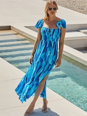 Sosandar Blue Petite Petite Print Flutter Sleeve Maxi Dress - Image 3 of 5