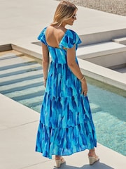 Sosandar Blue Petite Petite Print Flutter Sleeve Maxi Dress - Image 4 of 5