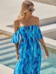 Sosandar Blue Petite Petite Print Flutter Sleeve Maxi Dress - Image 5 of 5